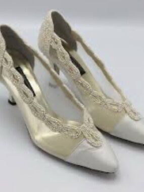 J.Renee Ivory Satin Beaded T-Strap Pointed-Toe Heels